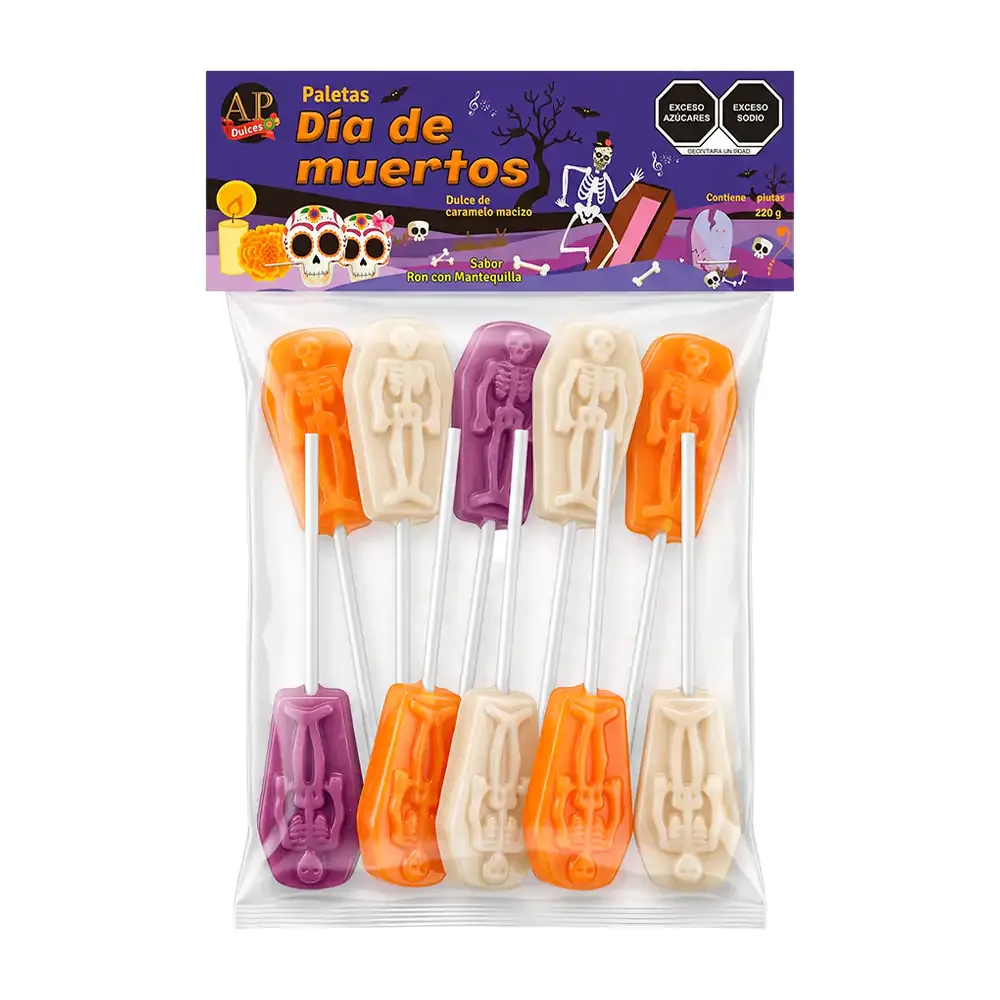 Paquete con 10 paletas en forma de ataúd sabor ron con mantequilla