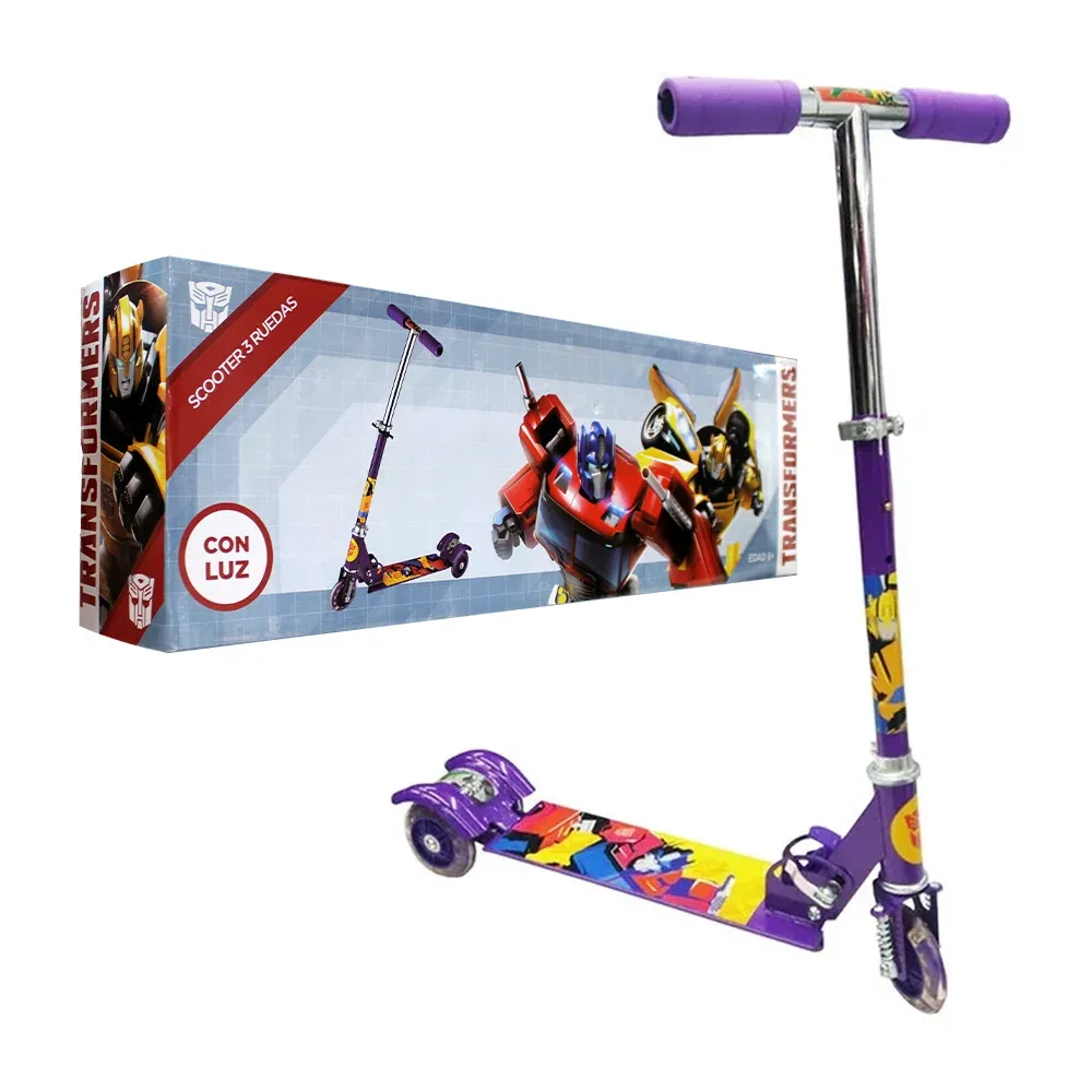 Scooter patín del diablo infantil metálico plegable con 3 ruedas, luz led y estampado de transformer / t378961