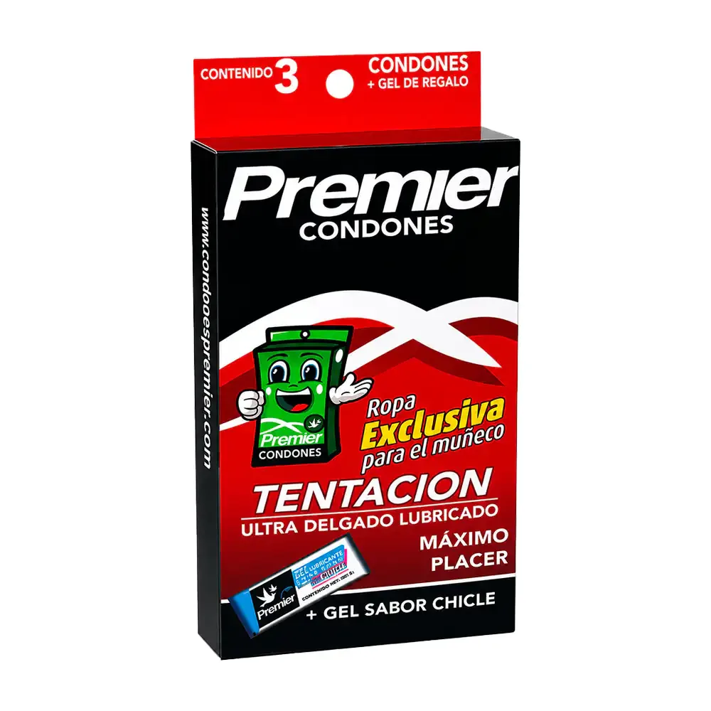 Paquete con 3 condones premier tentación ultra, gel lubricante sabor chicle