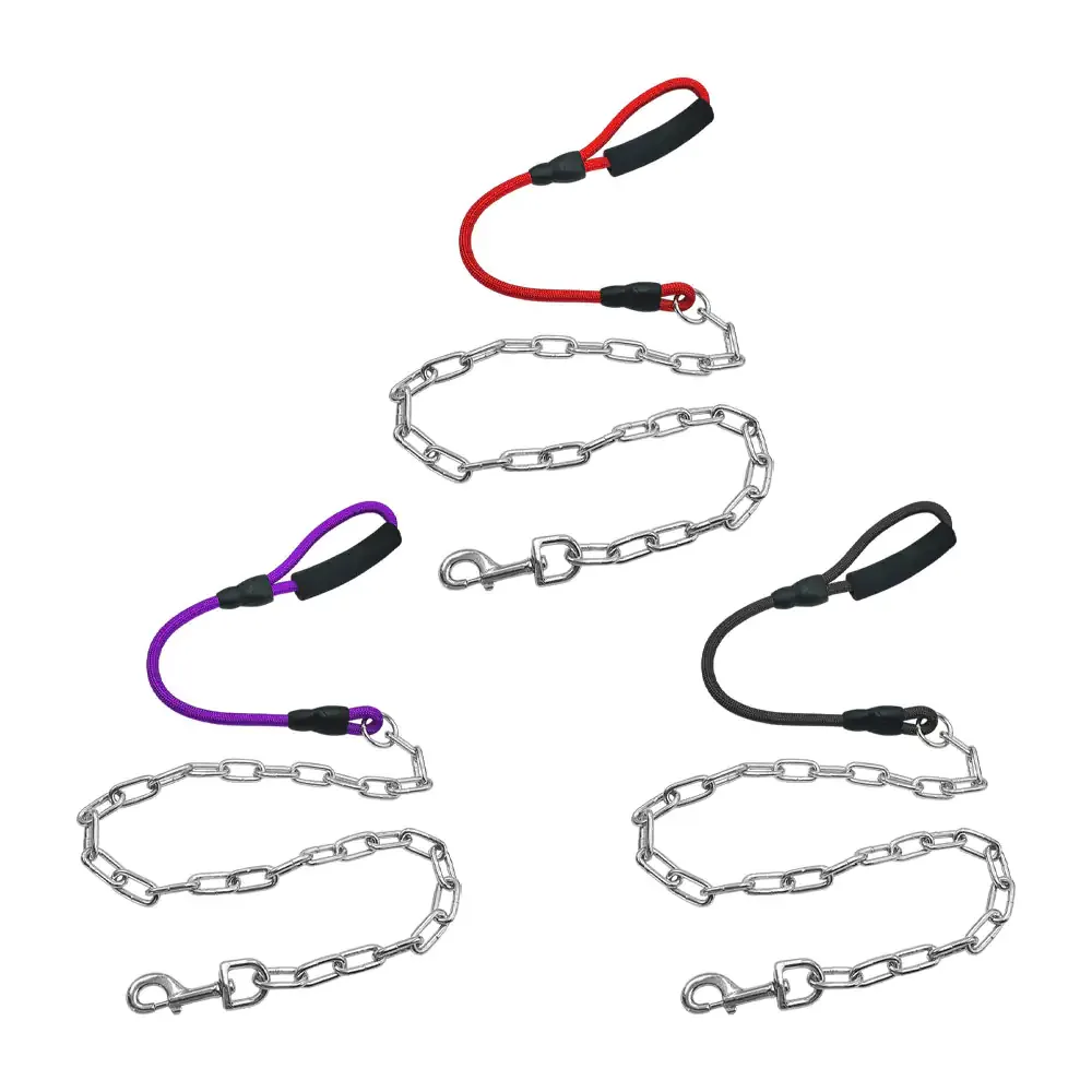 Correa de cadena cromada para mascota con agarradera de cuerda resistente