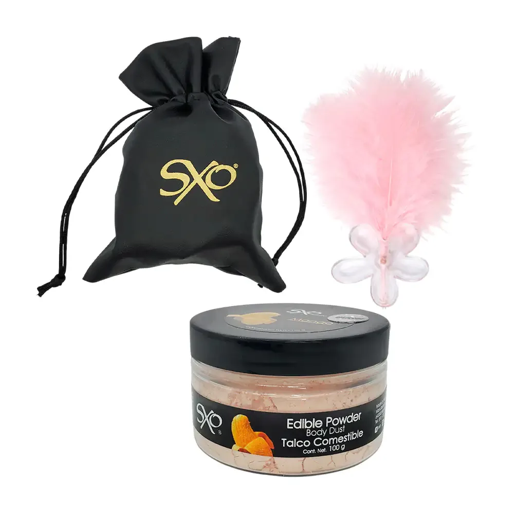 Talco comestible con glitter sabor y aroma a mango + mini pluma con flor