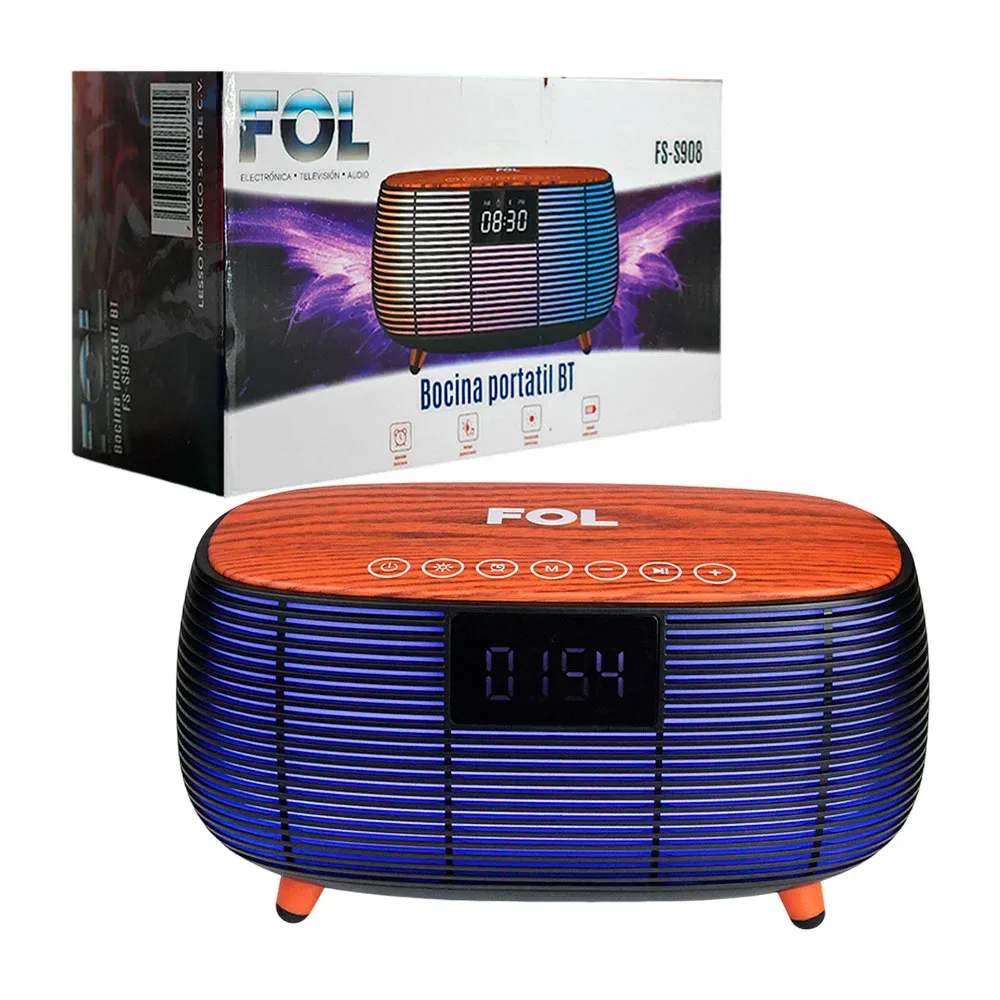 Bocina fol con sonido estéreo, luz rgb, diseño vintage + reloj alarma / fs-s908