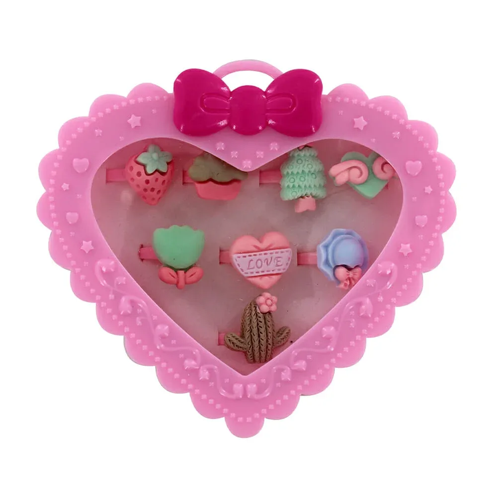 Caja de corazón con 8pzas de anillos para niña, variedad de diseños 168-4