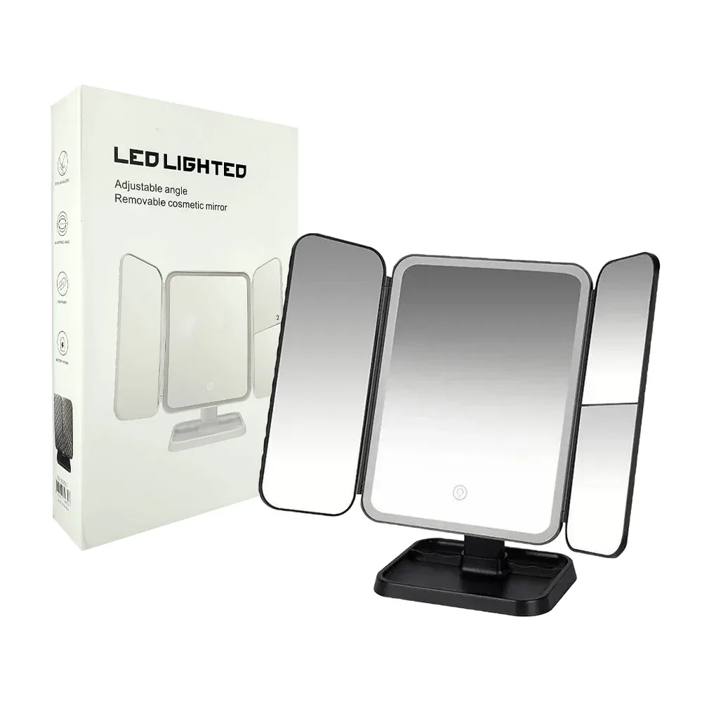 Espejo de maquillaje plegable tríptico con diferentes aumentos, luz led y base, variedad de colores / led lighted / 80832 / xw-810