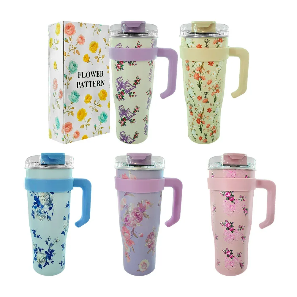 Vaso termo con estampado florar de 40oz con doble boquilla y asa, variedad