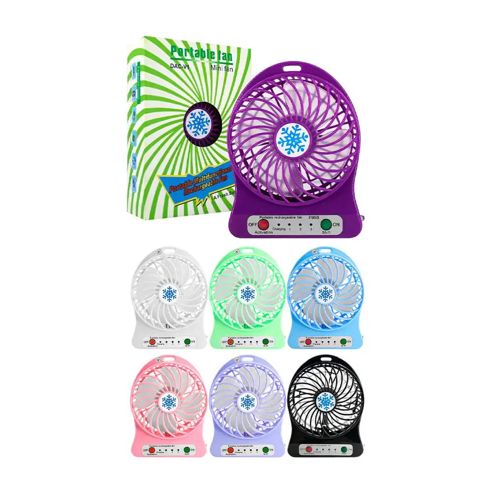 Ventilador redondo recargable portátil de 4 aspas y 3 velocidades, variedad de colores / portable fan / fs65 / dac-v1 / f958