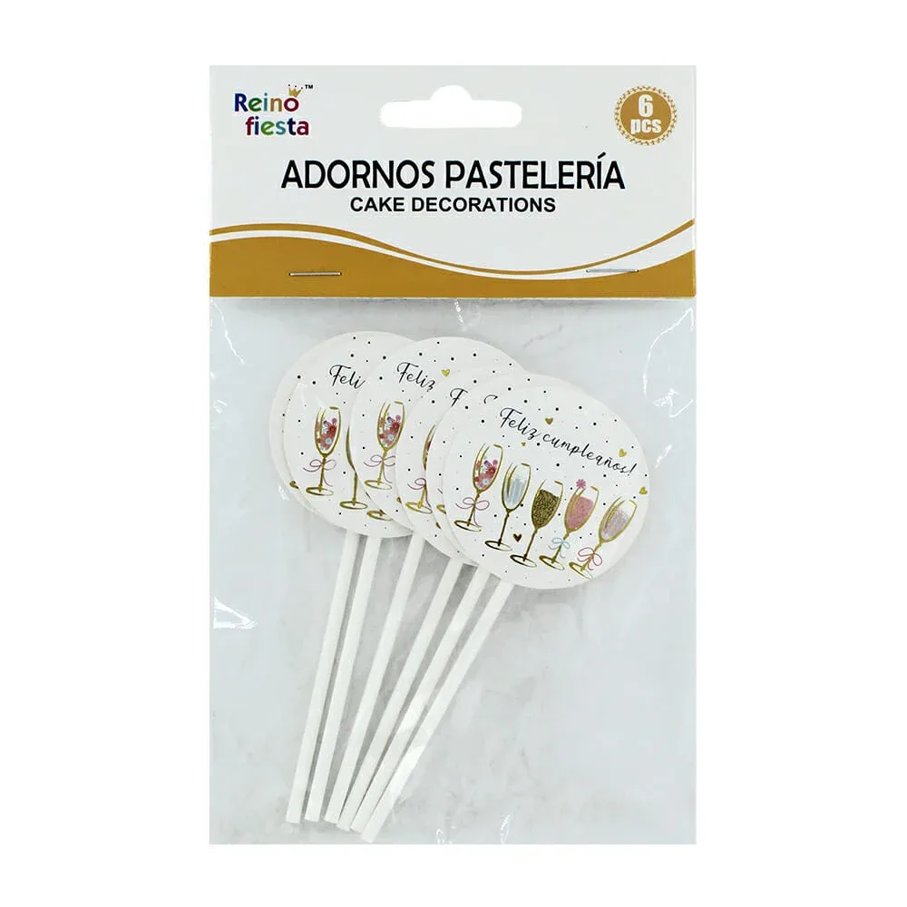 Paquete de 6 mini letreros redondos reino fiesta con diseño feliz cumpleaños y copas para decoración de cupcakes / cake decorations