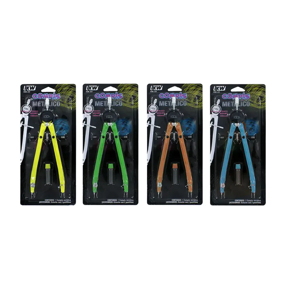 Compás metálico de precisión con 2 puntas de lápiz para repuesto, variedad de colores / 623 / 0623