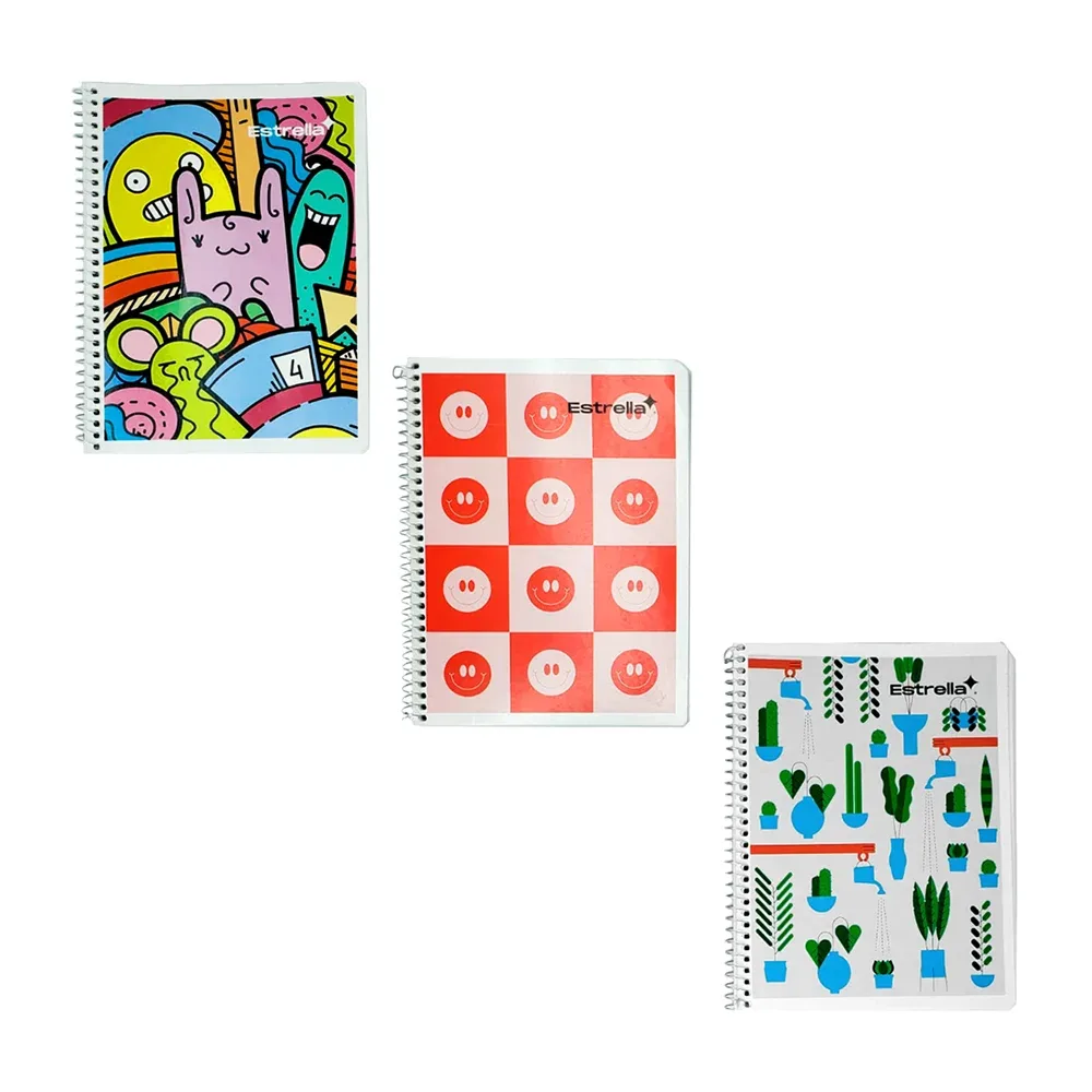 Cuaderno estrella forma francesa con espiral metálico y 100 hojas papel bond en cuadrícula grande 7mm, variedad de diseños y colores / 001848