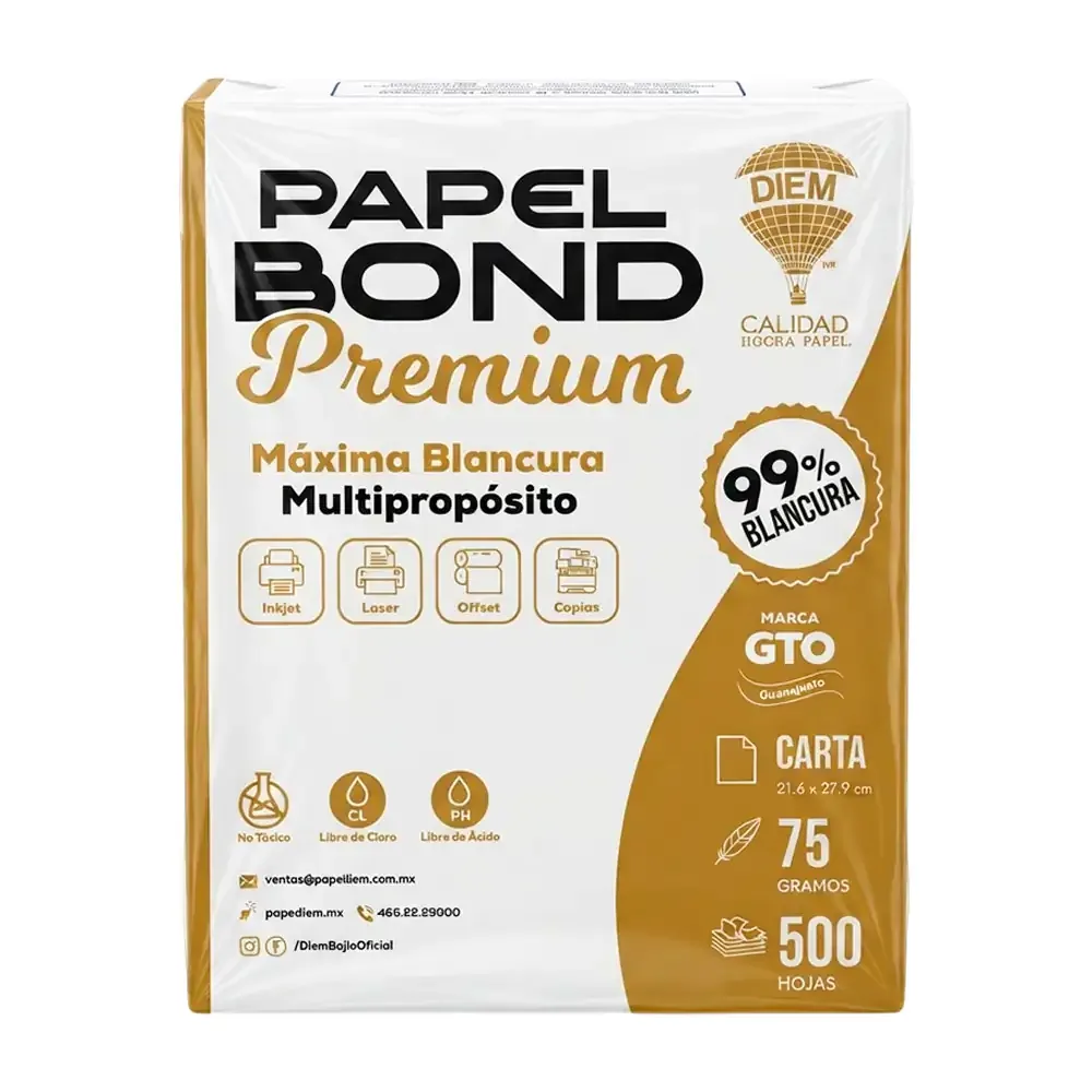 Paquete con 500 hojas bond premium diem en color blanco, tamaño carta / 26375