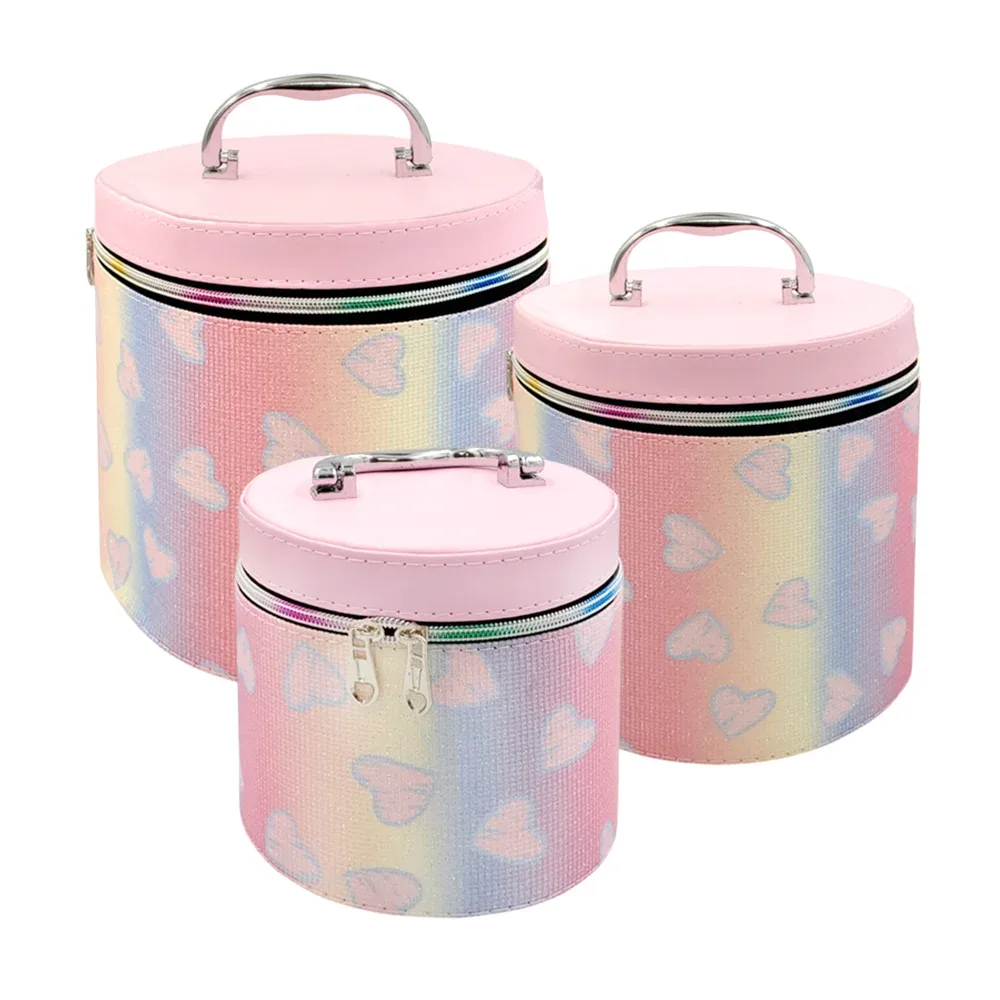 Juego de 3 cosmetiqueras cilíndricas con estampado de corazones con brillitos