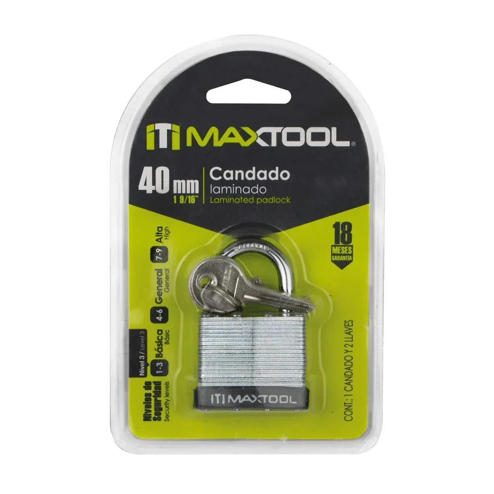 Candado laminado maxtool de 40mm con juego de 2 llaves / 305102