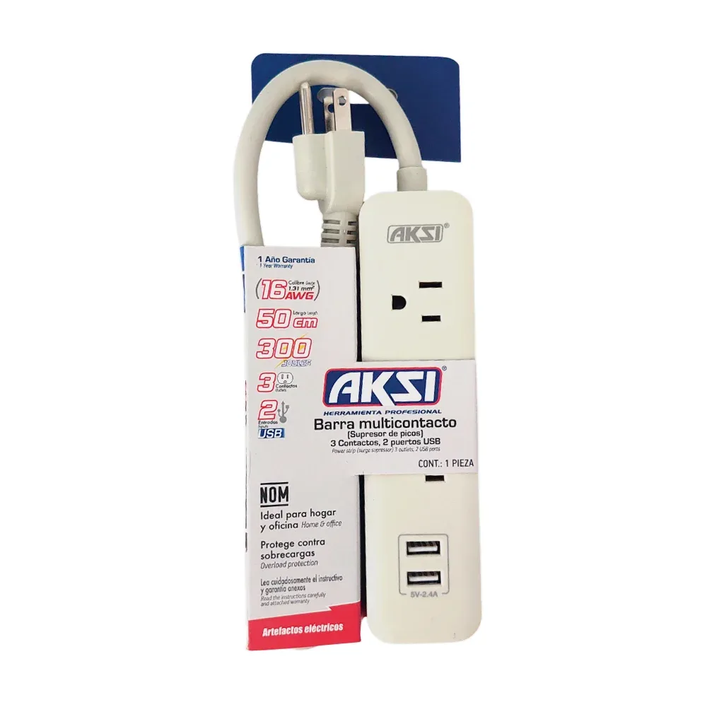 Barra multicontacto aksi con 3 tomacorrientes contactos, 2 puertos usb y cable de 50cm / mul16-3e-2usb-ak