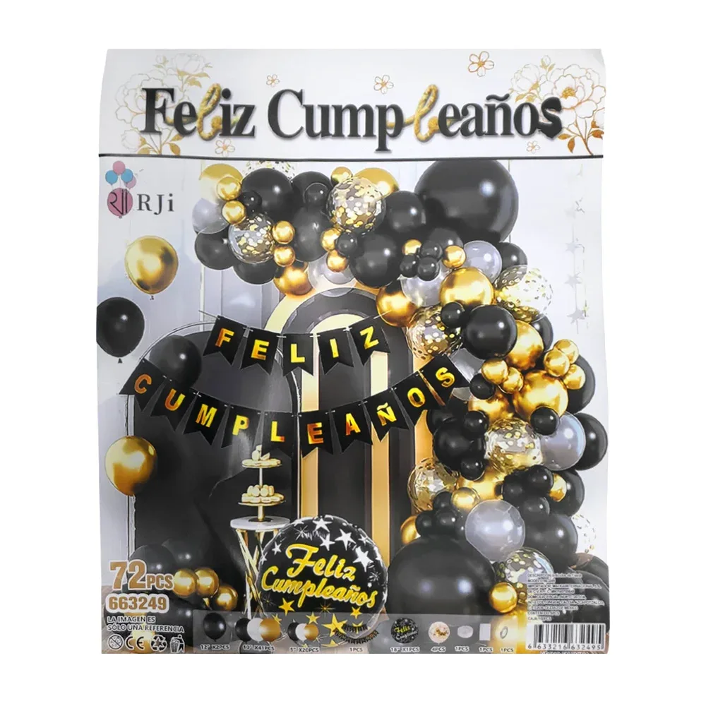 Kit decorativo de feliz cumpleaños con 72pcs en tonos negros y dorados / 663249