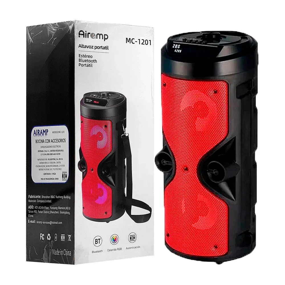 Bocina portátil bluetooth, 4inx2 con doble altavoz, pantalla lcd + correa y rgb