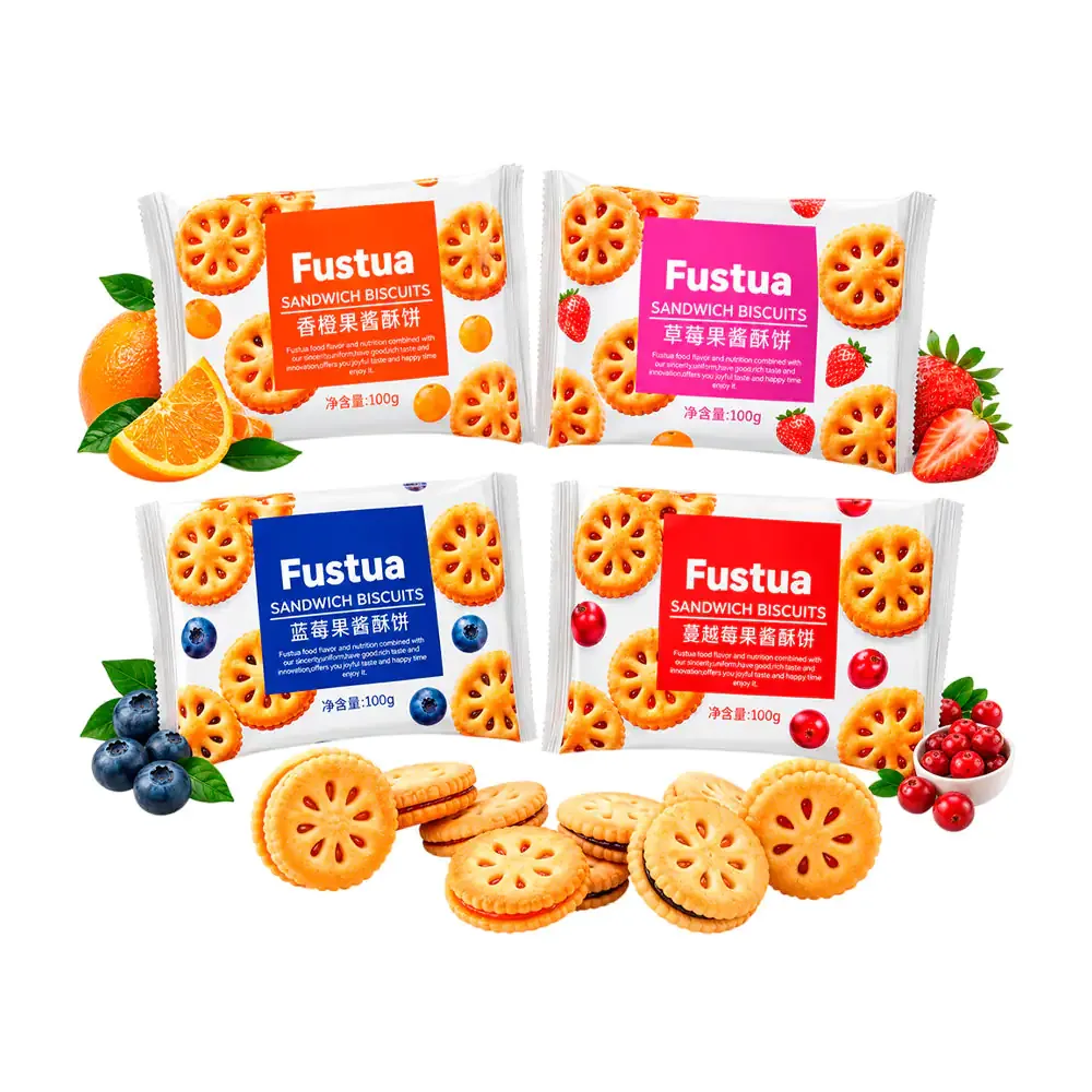 Paquete fustua sandwich biscuits, galleta tipo sándwich rellena de mermelada natural de frutas, 100g
