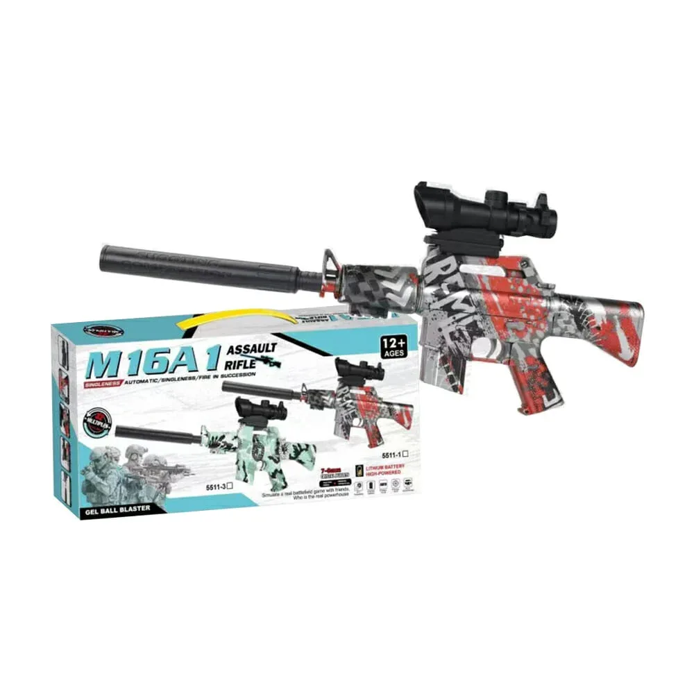Pistola assault rifle m16a1 color gris rojo con 2 modos de uso para lanzar bolitas de hidrogel 7-8mm / 5511-1