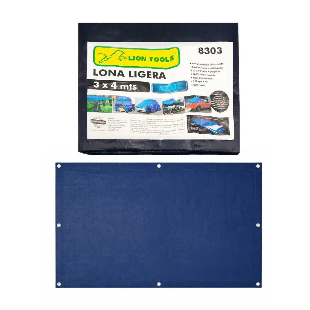 Lona ligera impermeable lion tools color azul de 3x4m con protección ultravioleta / 8303