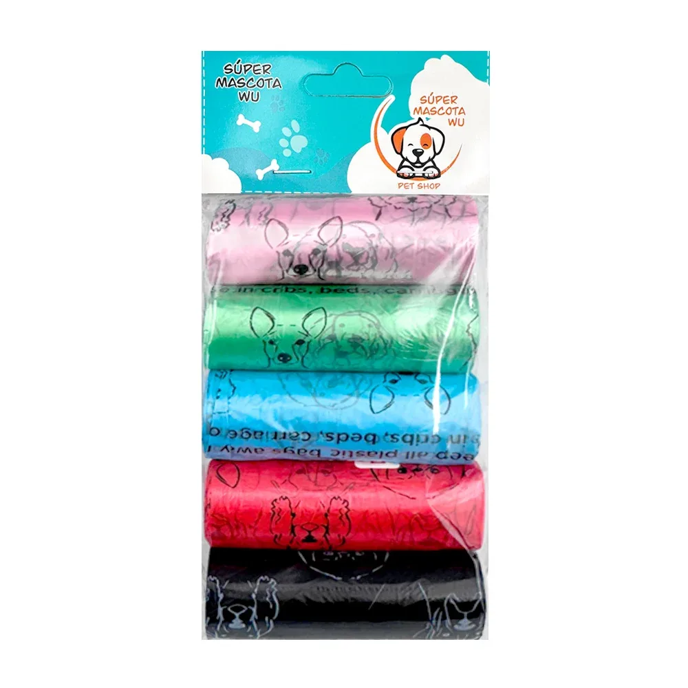 Paquete con 5 rollos de bolsas para heces, estampado de perros, colores surtidos