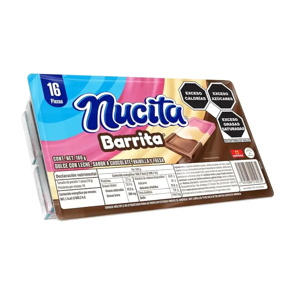 Blister con 16pzas barrita nucita, dulce de leche trisabor chocolate, fresa, vainilla 160g / 210235