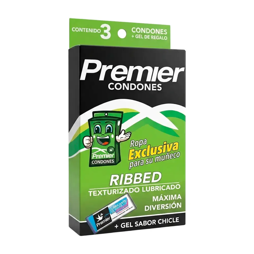 Paquete con 3 condones premier ribbed + gel lubricante sabor chicle