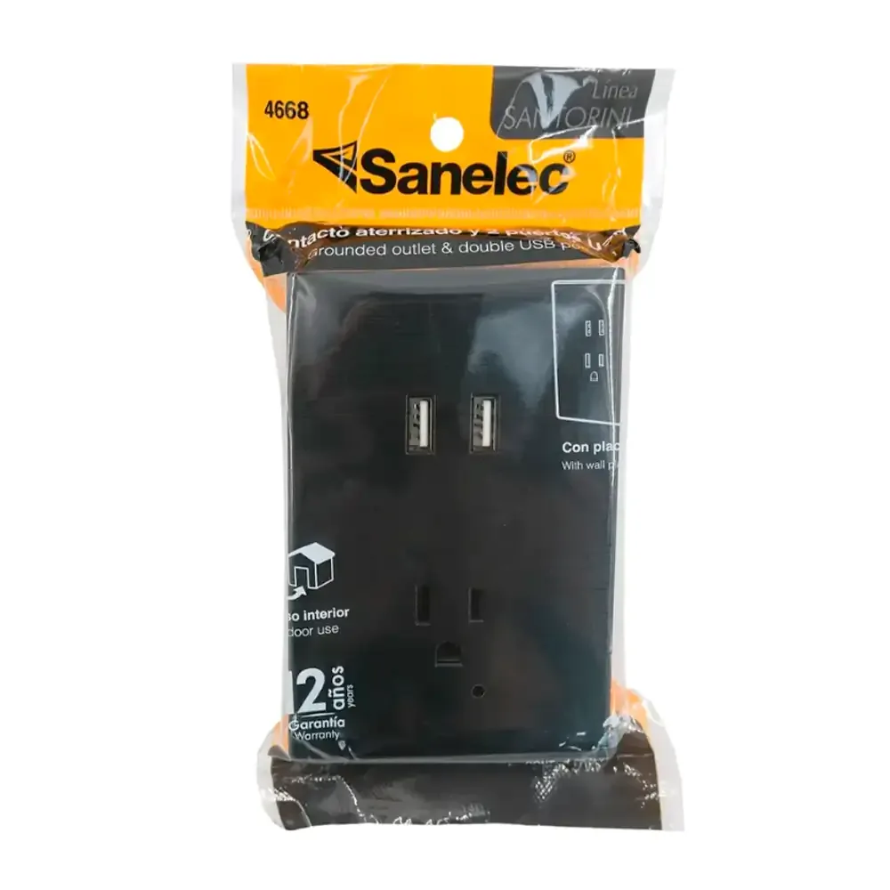 Placa santorini con 1 contacto color negro + 2 puertos usb, sanelec