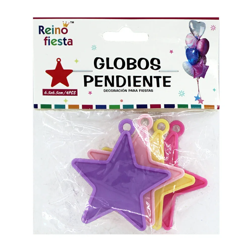 Paquete con 4 contrapesos reino fiesta de plástico en forma de estrella 6.5x6.5cm para globos, variedad de colores / 50261
