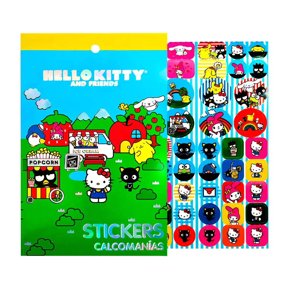 Libreta con detalles tornasol, stickers escolares con estampado de sanrio de diferentes formas