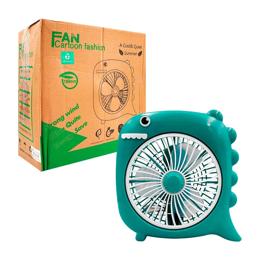 Ventilador mediano de plástico en forma de dinosaurio animado con 2 velocidades y rejilla desmontable