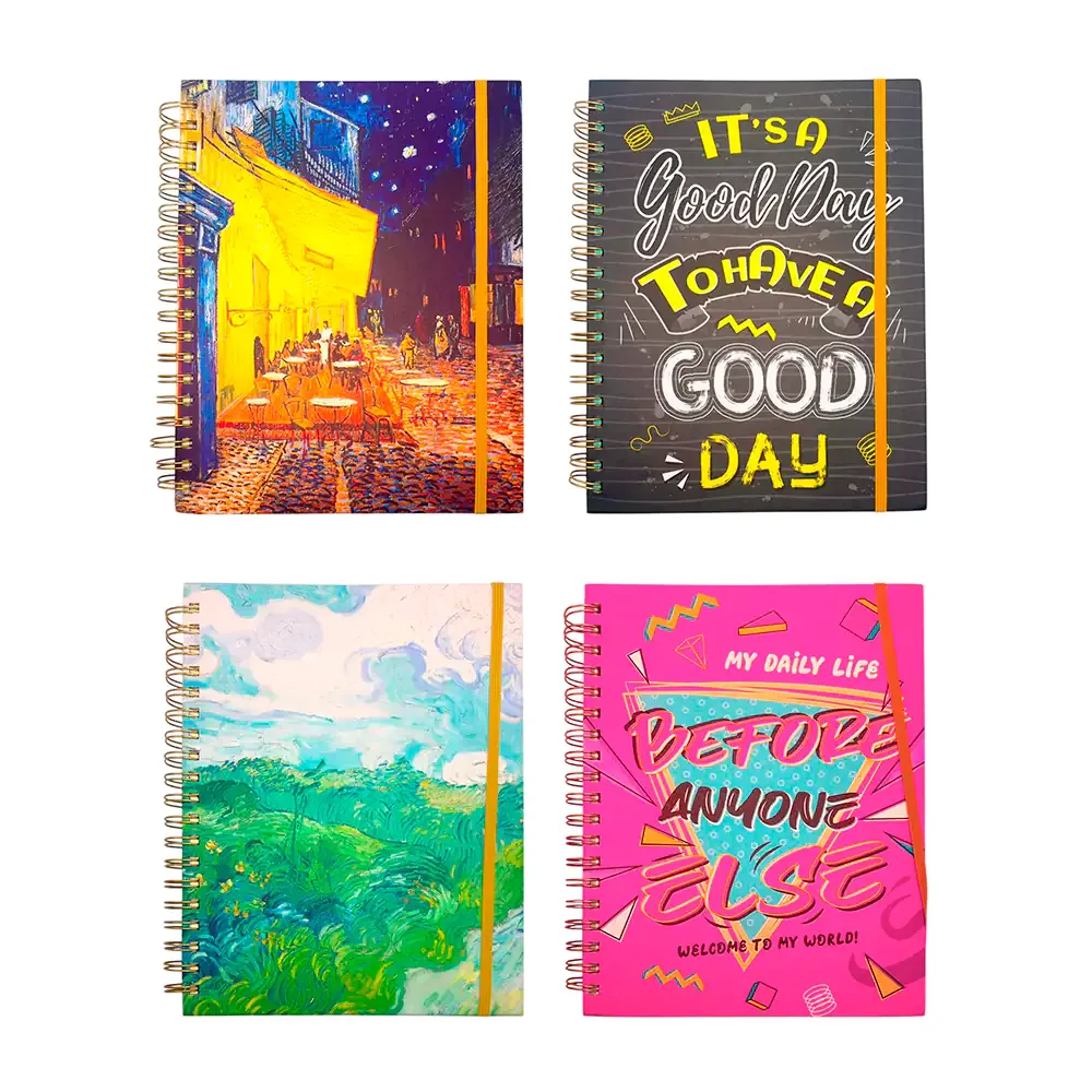 Cuaderno profesional de pasta dura con 200 hojas, espiral doble metálico dorado y calcomanías