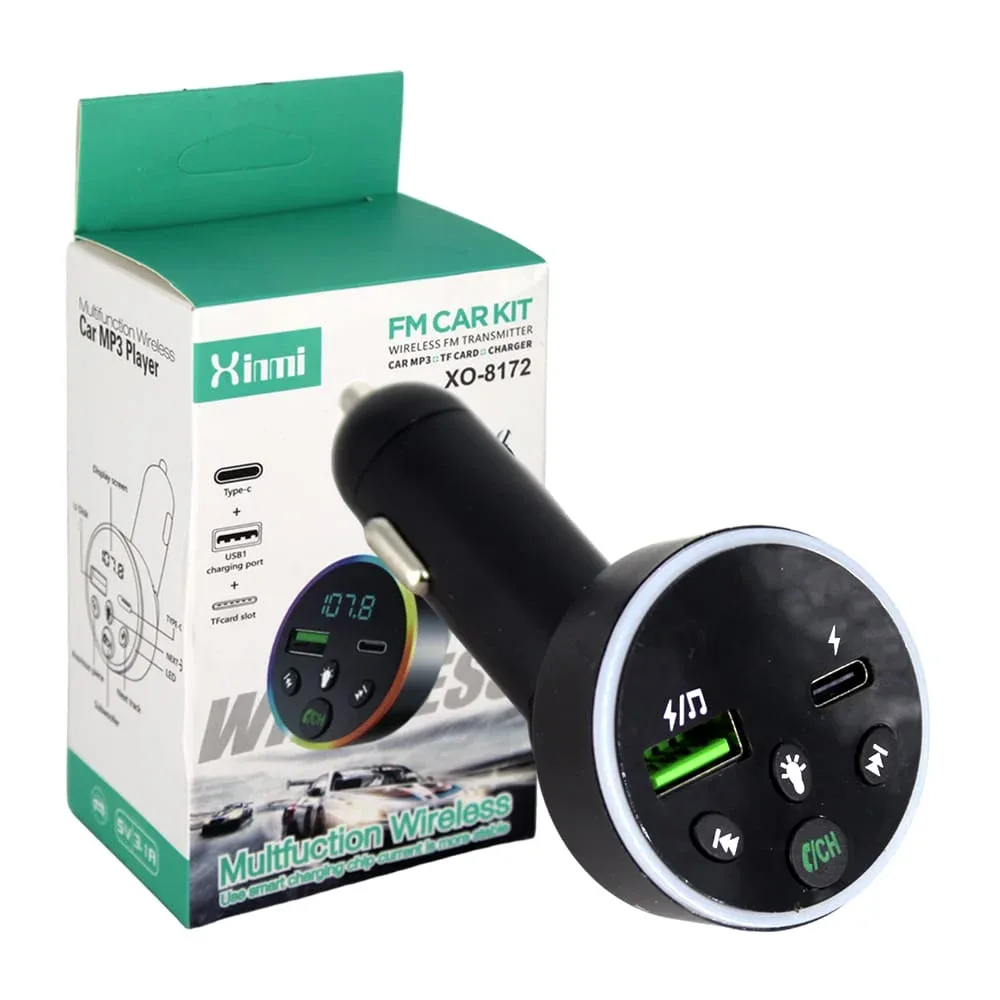Transmisor bluetooth fm multifuncional circular para carro automóvil con pantalla digital, luz led rgb + entrada usb y tipo c / xo-8172