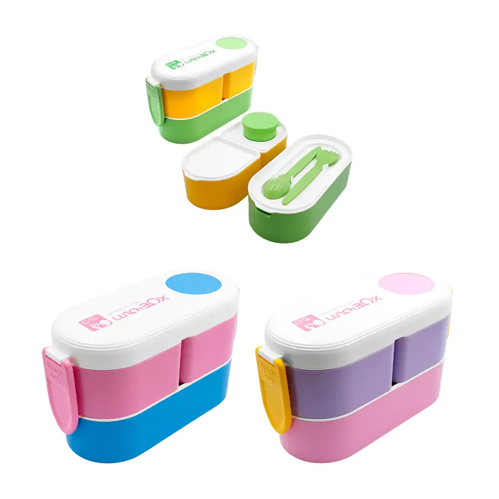 Tupper con 3 compartimentos, mini recipiente redondo + cubiertos / 25-fh-083