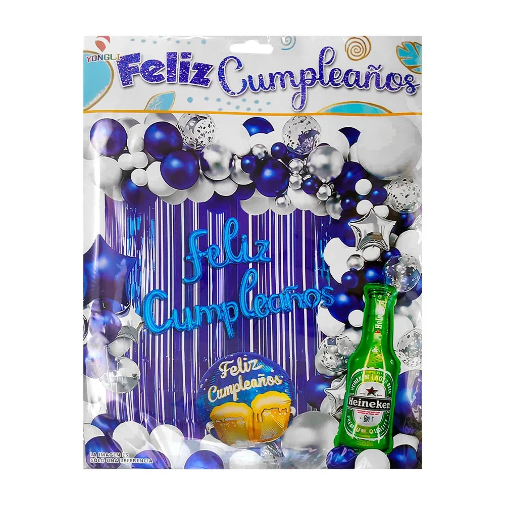 Paquete de 48 globos, variedad de azules, feliz cumpleaños, cerveza y cortina