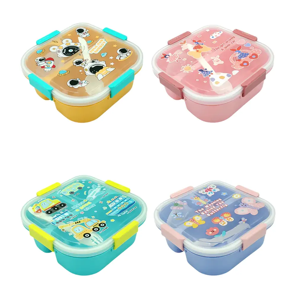 Tupper cuadrado con 3 compartimentos, tapa con estampado kawaii + cubierto