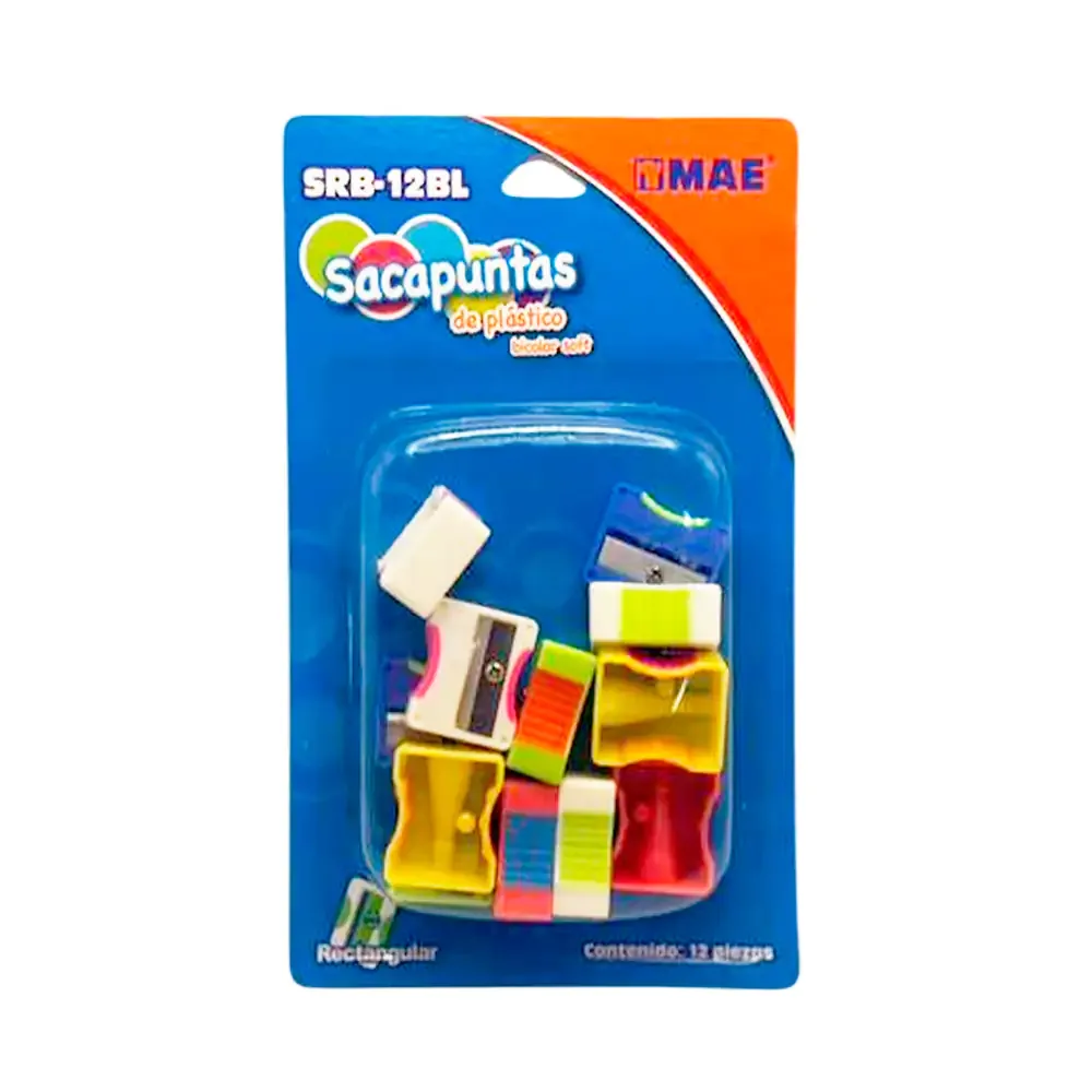 Blíster con 12 sacapuntas de plástico rectangulares bicolor con textura suave / srb-12bl