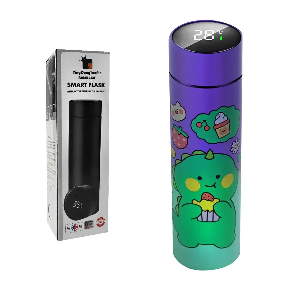Termo inteligente de aluminio con medidor de temperatura + diseño de dinosaurio, 500ml / 23-termo-006