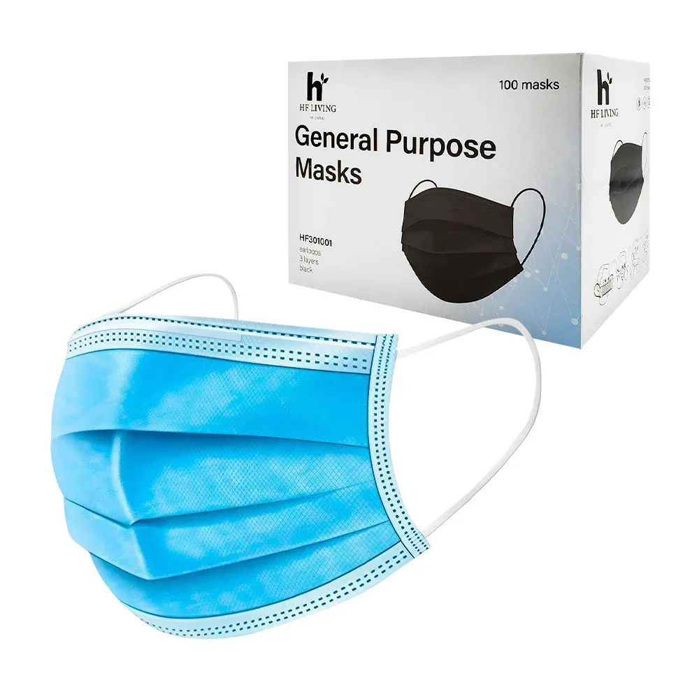 Paquete 100 cubrebocas azules tricapa hf living para adulto