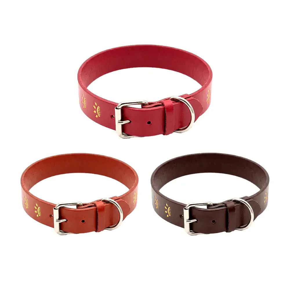 Collar para mascota tipo fajo de cuero con estampado de huellas doradas / 06565