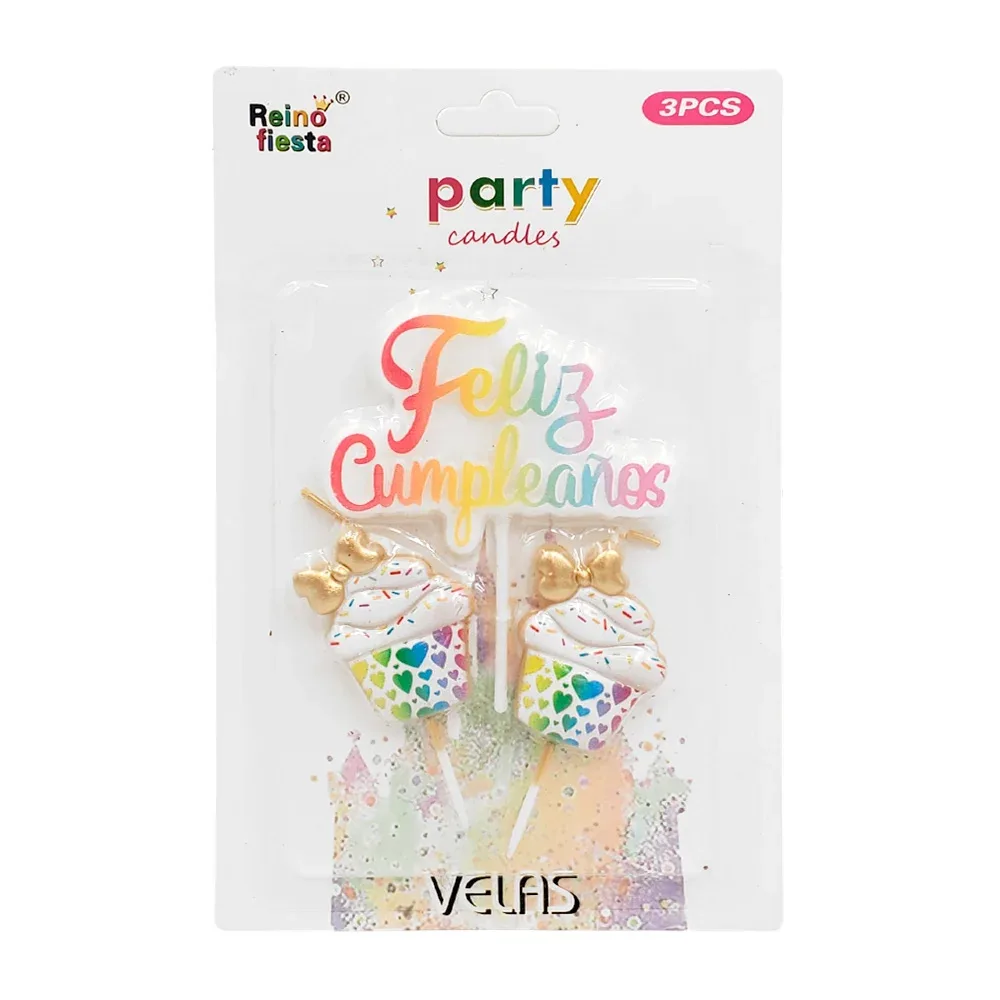 Blíster de 3 velas con diseño de cup cakes y feliz cumpleaños / party / 62122