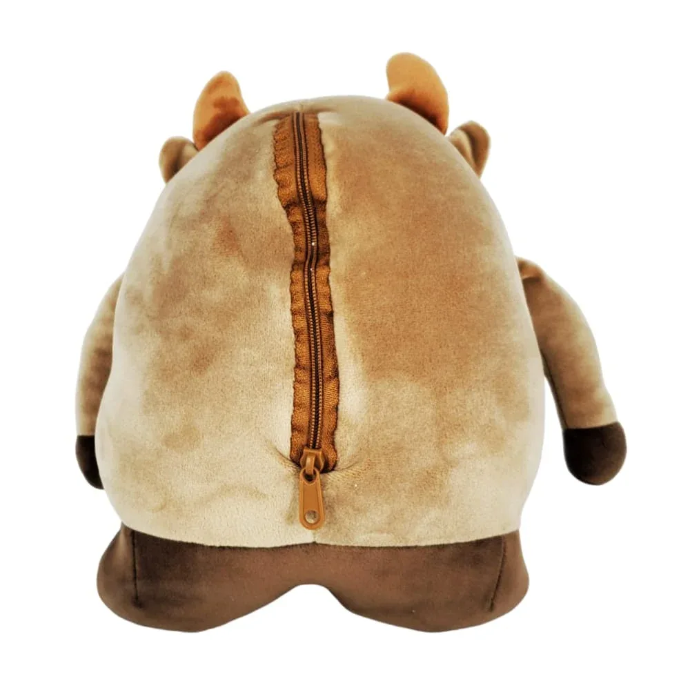 Peluche de toro café kawaii con cojín de viaje integrado, 32cm / la bella pandita / 488m