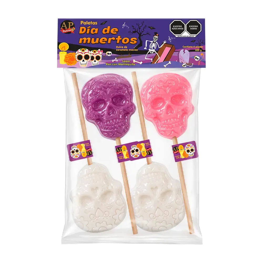 1pza Paleta de caramelo con diseño de calavera para día de muertos con sabor ron y mantequilla