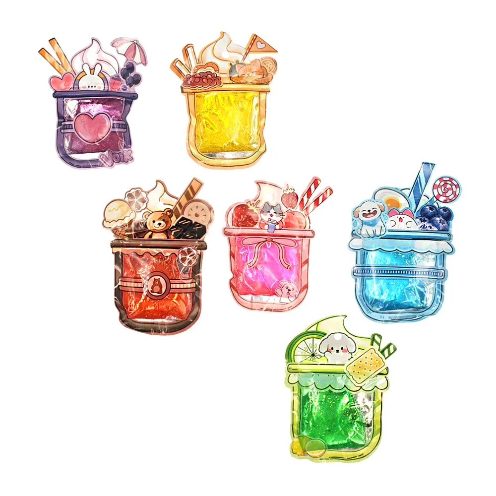 Bolsa con slime con glitter, diseño de bebida con animalitos kawaii, variedad
