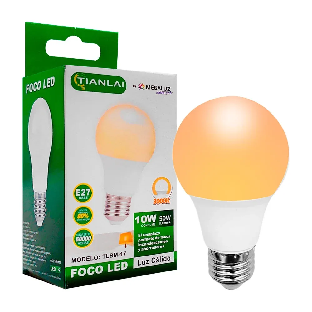 Foco led ahorrador tianlai con luz cálida de 10w, iluminación de 50w, e27, 3000k, 650lm / tlbm-17