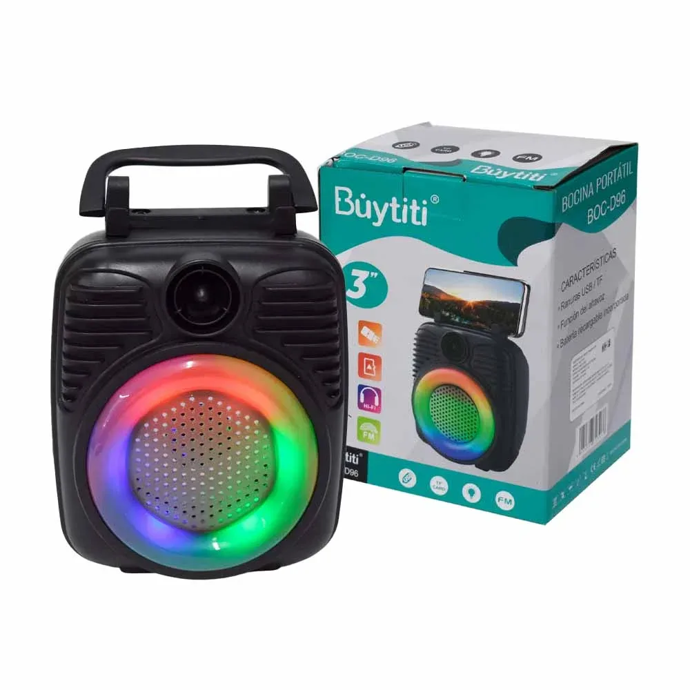 1pza Bocina pequeña inalámbrica buytiti, rectangular, con asa agarradera, puertos conectores e iluminación rgb, variedad de funciones / boc-d96