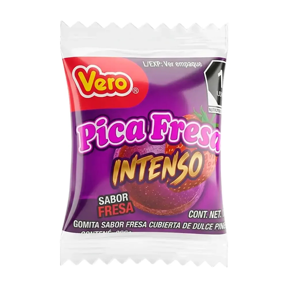 1pza de pica fresa intenso, gomita sabor fresa cubierta de dulce picoso 6g / 373473