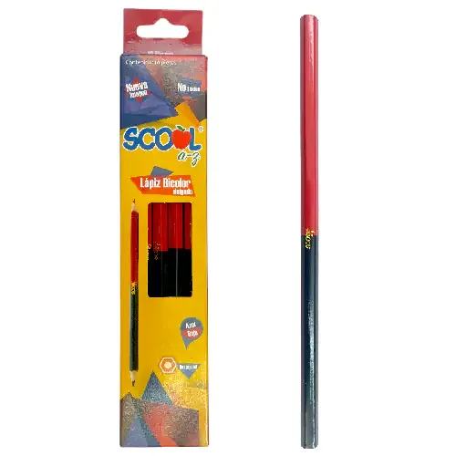 Caja scool con 10 lápices bicolores hexagonales en color rojo y azul