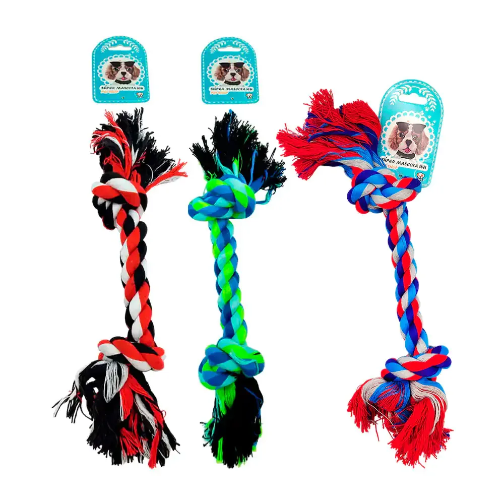 Juguete - mordedera de cuerda trenzada bicolor para mascota con 2 nudos / 06637
