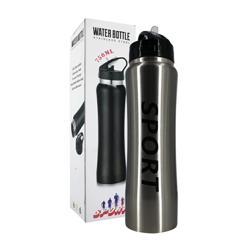 Termo de acero inoxidable con leyenda sport, asa agarradera, arnés y capacidad para 750ml, variedad de colores / water bottle stainless steel 0028