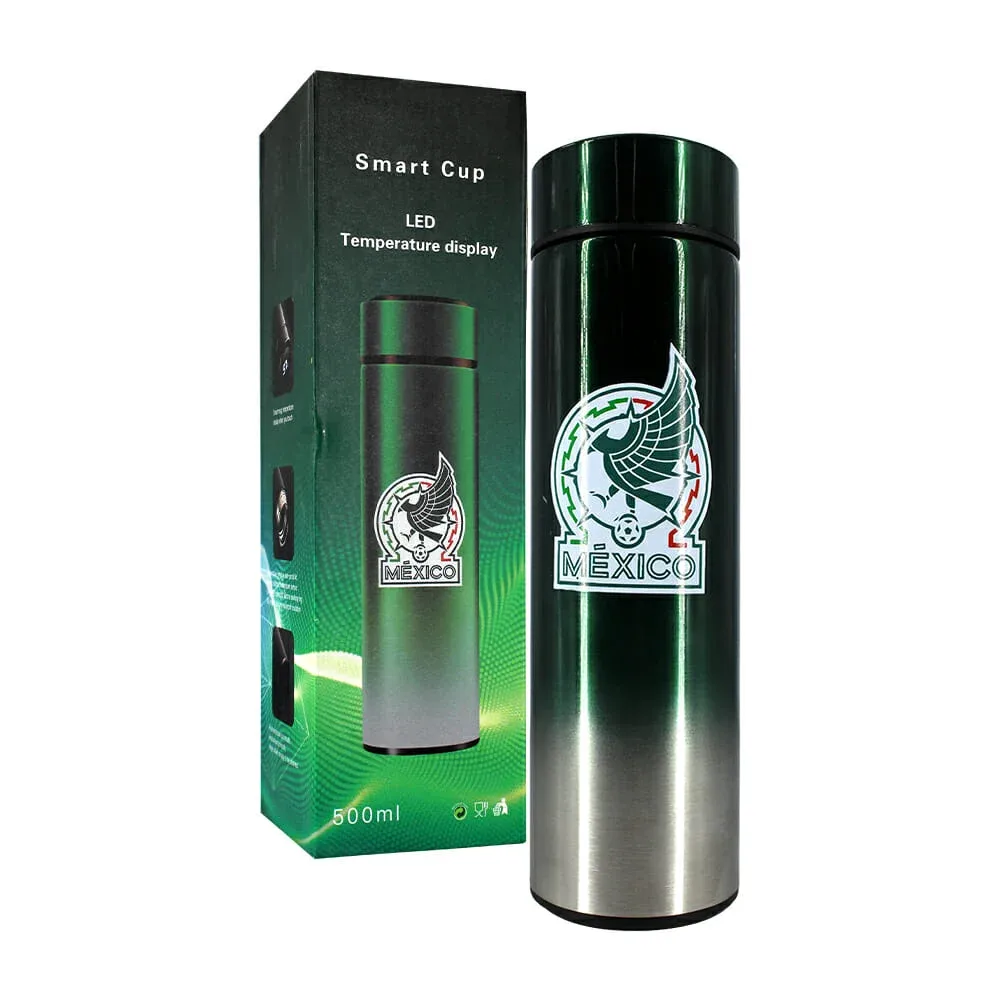 Termo bicolor metálico con capacidad para 500ml, pantalla digital, infusor y estampado de la selección mexicana / bz814