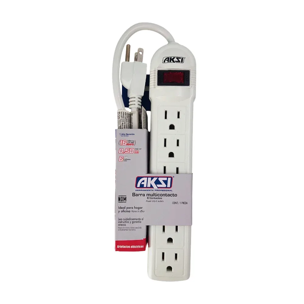 Barra multicontacto aksi con 6 contactos tomacorrientes y cable de 50cm / mul16-506-ak